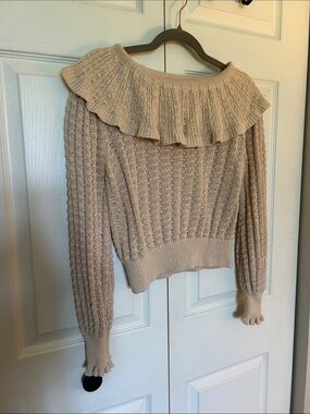 Free People Beige Ruffled Cable-Knit Sweater